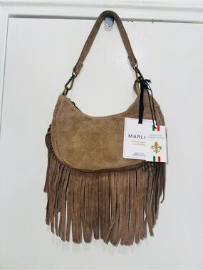 MARLON
made in italy suede shoulder bag with bottom fringe real calf leather